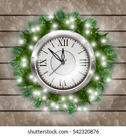 Illustration of Christmas or New Year decoration with fir tree branches, lights, holly, clock and wooden background