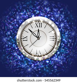 Illustration of Christmas or New Year decoration with clock and colorful fireworks on blue background