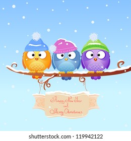 illustration for Christmas and New Year fun three birds sitting on a branch