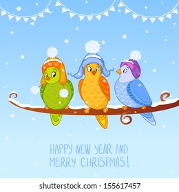 illustration for Christmas and New Year fun three birds sitting on a branch