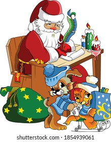 Illustration for Christmas and New Year. Santa Claus. Bag with gifts. Vector