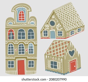 Illustration of christmas and new year sweet gingerbread cookie houses with in red, blue, beige and white color