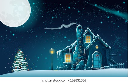 Illustration of Christmas night with a fabulous house and a tree.