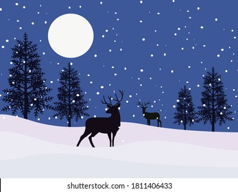 Illustration of Christmas night. Reindeers in woods.