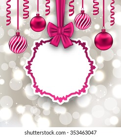 Illustration Christmas Paper Card with Bow Ribbon and Balls, Glowing Background - Vector