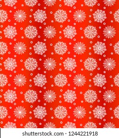 Illustration of Christmas pattern with white snowflakes on red background. Vector image