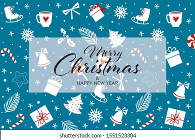 Illustration von Weihnachtsmustern mit weißen Schneeflocken auf Hintergrund