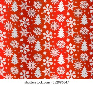 Illustration of Christmas pattern with white snowflakes on red background. Vector image