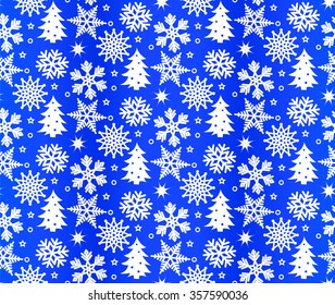Illustration of Christmas pattern with white snowflakes on blue background. Vector image