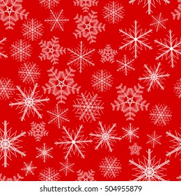 Illustration of Christmas pattern with white snowflakes on red background. Christmas background, seamless tiling, great choice for wrapping paper pattern. Seamless Christmas pattern