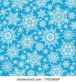 Illustration of Christmas pattern with white snowflakes on blue background. Winter background. illustration.