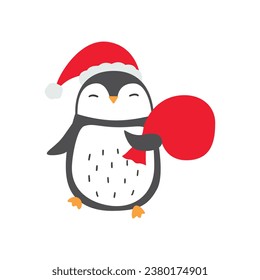 Illustration of Christmas penguin in Santa hat with bag of gifts