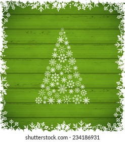 Illustration Christmas pine and border made of snowflakes on green wooden background - vector