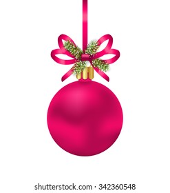 Illustration Christmas Pink Ball with Bow Ribbon and Fir Twigs, Isolated on White Background - Vector