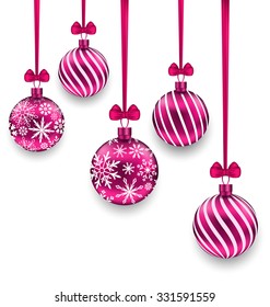 Illustration Christmas Pink Glassy Balls with Bow Ribbon, Isolated on White Background - Vector