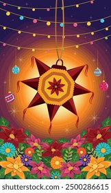 illustration piñata of Christmas posada in Mexico decorated with lights, spheres and seasonal flowers