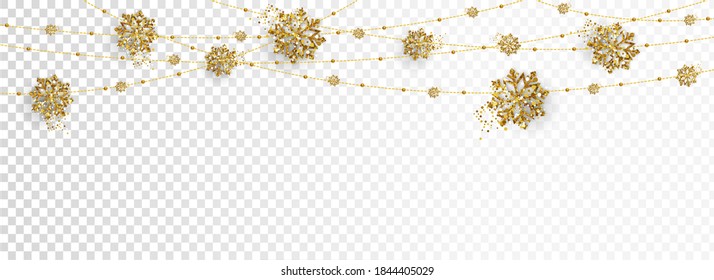 Illustration or Christmas posters, banners golden decoration isolated on png background. Hanging glitter balls, snowflakes.