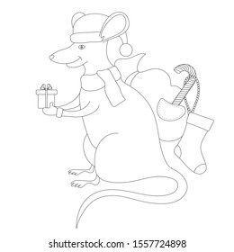 The illustration is a Christmas rat symbolizing the advent of the Chinese New Year. A rat with a gift and a bag from his pocket peeps a lollipop on which a sock hangs. Zenart. Anti-stress coloring.
