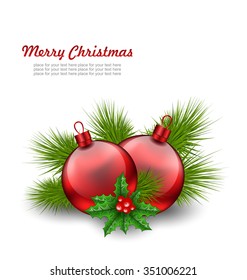 Illustration Christmas Red Glass Balls with Fir Twigs and Holly Berry, on White Background - Vector