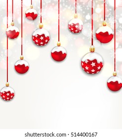 Illustration Christmas Red Glassy Balls on Shimmering Light Background - Vector