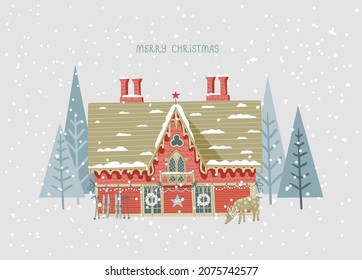 Illustration with christmas red gothic house with deer, wreaths, ski and trees