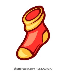 Illustration of Christmas red sock. Stylized cartoon icon in retro style.