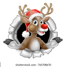 An illustration of Christmas Reindeer in Santa hat tearing through the background