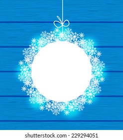 Illustration Christmas round frame made in snowflakes on blue wooden background - vector