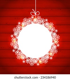 Illustration Christmas round frame made in snowflakes on red wooden background, copy space for your text - vector