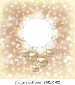 Illustration Christmas round frame made in snowflakes and golden balls on beige glowing background - vector