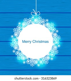 Illustration Christmas Round Frame Made in Snowflakes on Blue Wooden Background - vector