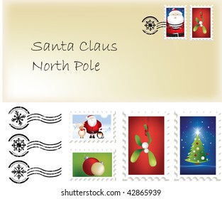 Illustration of christmas santa letter and stamps and postage marks