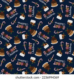 Illustration of a Christmas seamless pattern, christmas cupcakes with decorated handmade letters