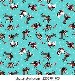 Illustration of a Christmas seamless pattern, a dachshund dressed as Santa Claus playing in the snow and with gifts