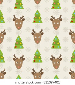 Illustration Christmas Seamless Pattern with Deers Fir Trees and Snowflakes, Holiday Wallpaper - Vector