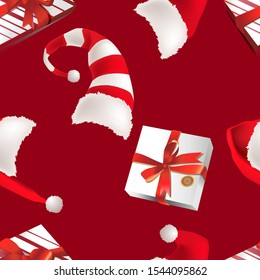 
Illustration of christmas seamless pattern. Santa hats and boxes on a red background.