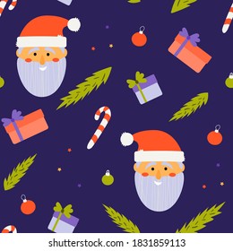 illustration christmas seamless pattern santa claus head, candy cane, gifts, fir branches, christmas balls on a purple background. for decoration, packaging, congratulations, invitations. flat, vector