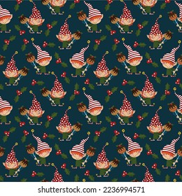 Illustration of a Christmas seamless pattern, two christmas elves with popcakes in their hands