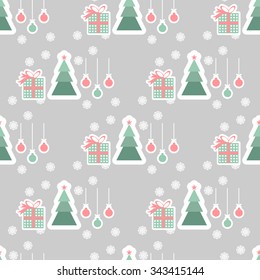 Illustration. Christmas seamless snowflakes background with christmas tree