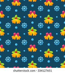 Illustration Christmas Seamless Texture with Jingle Bells and Snowflakes - Vector