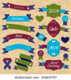 Illustration Christmas set geometric labels and ribbons - vector