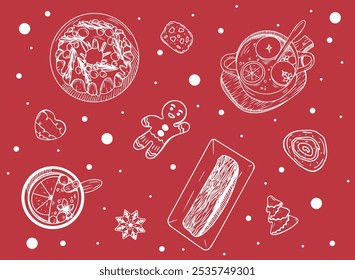 Ilustración de un conjunto de Navidades desde el ángulo superior de un hombre de jengibre, un pastel de Navidades clásico, un tronco de chocolate, vino caliente en una taza, una cacerola en una tabla de madera en un estilo dibujado a mano.