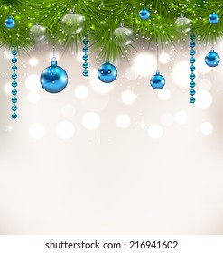 Illustration Christmas shimmering background with fir twigs and glass balls - vector