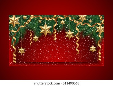 Illustration of Christmas showcase template decorated with fir tree branches, gold stars, paper streamers and snow
