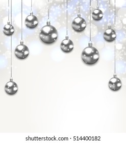 Illustration Christmas Silver Glassy Balls on Magic Light Background - Vector