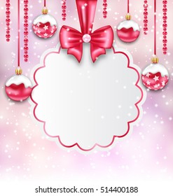 Illustration Christmas Silver Glassy Balls with Clean Card with Bow Ribbon, Magic Light Background - Vector