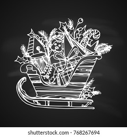 Illustration of Christmas Sleigh with Gift Box. Vintage Design for Christmas Card or Invitation on Chalkboard