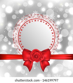Illustration Christmas snowflake card with gift bow and rose - vector