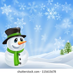 Illustration Of A Christmas Snowman Scene With Trees Covered In Snow