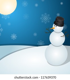 Illustration of a Christmas Snowman Scene with trees covered in snow